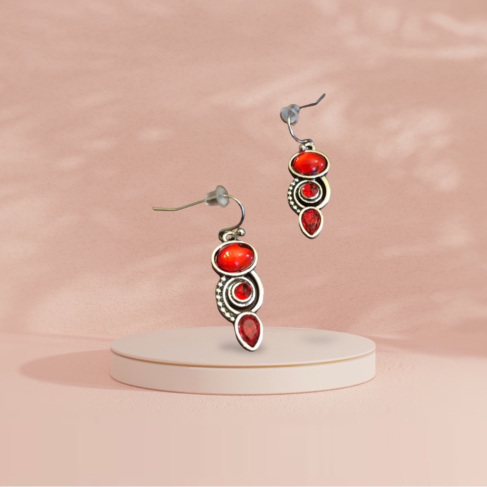 Yaomiao Crystal Dangle Oval/Circle/Water Drop Earrings Women's Red/Silver - Picture 4 of 6